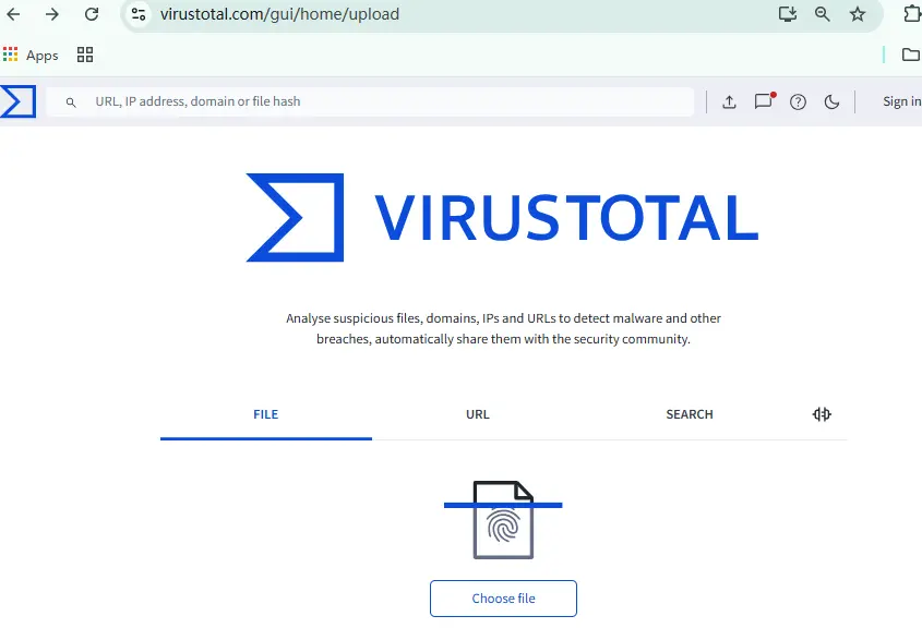 Interfaz principal de VirusTotal para análisis de archivos APK.