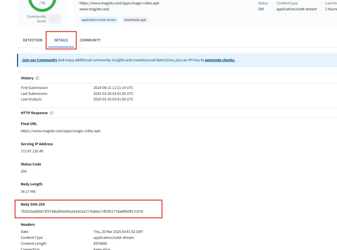 Pestaña de detalles (Details) en VirusTotal con información del hash del APK